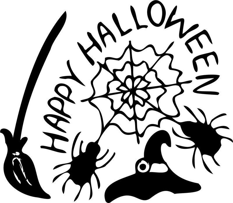 Adhésif de vitrine "Happy Halloween" avec balais de sorcière